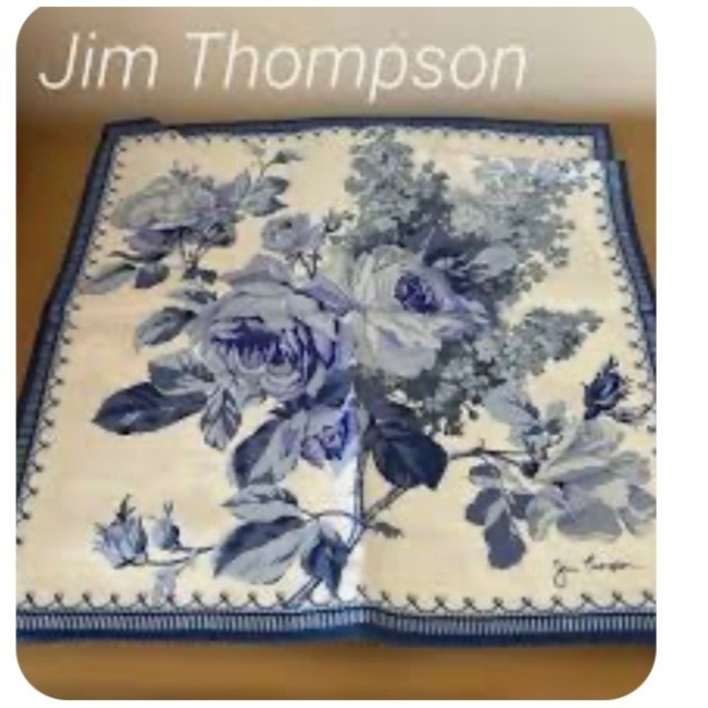 Jim Thompson Thai Silk pillow covers  Set 2 Blue White Floral Rose Square 15"